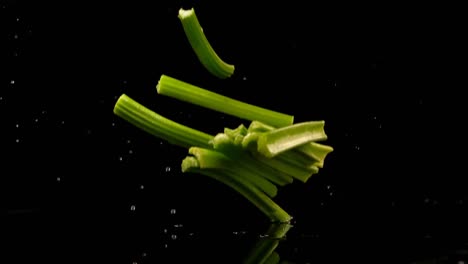 celery falling on water against black background 4k