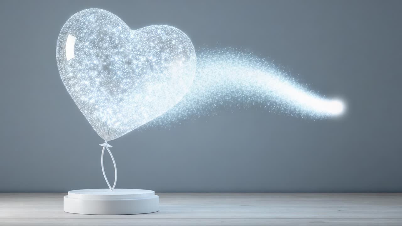 A mesmerizing heart-shaped balloon shimmering with light, dispersing a trail of sparkling particles into the air, symbolizing love, hope, and joy in a magical ambiance