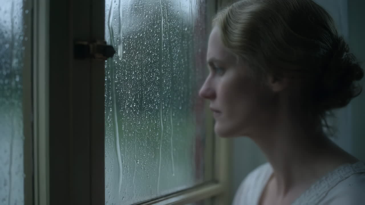 Woman Looking Out Rainy Window