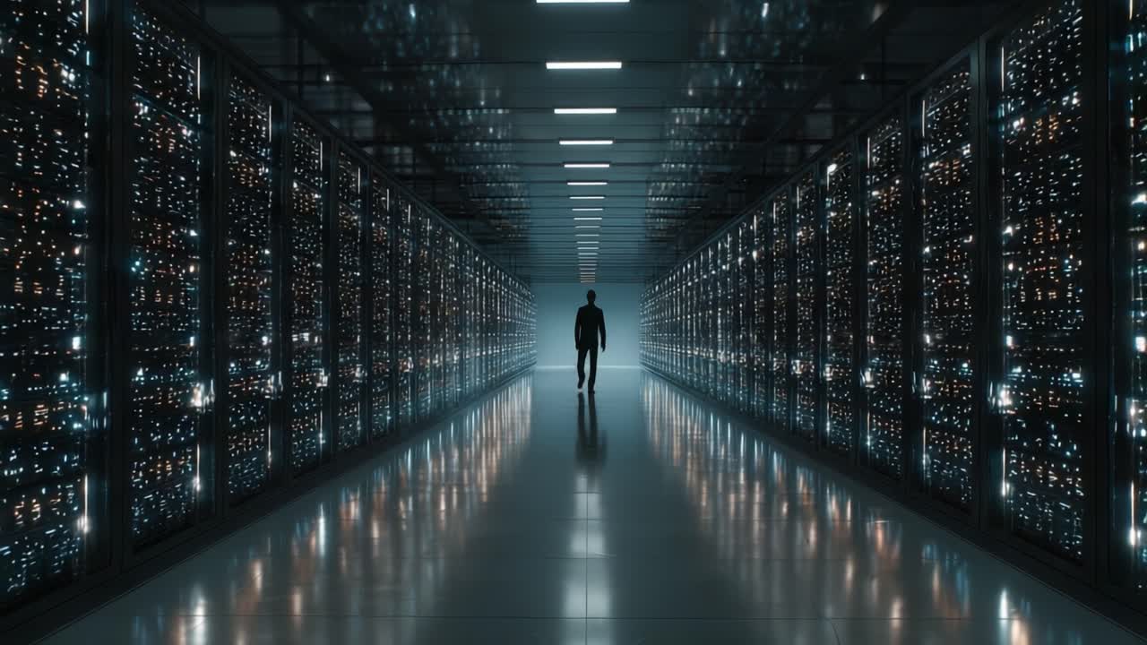 En ensom skikkelse står midt mellem tårnhøje servere i et stort, oplyst datacenter, hvilket repræsenterer mødet mellem teknologi og isolation i en digital tidsalder.