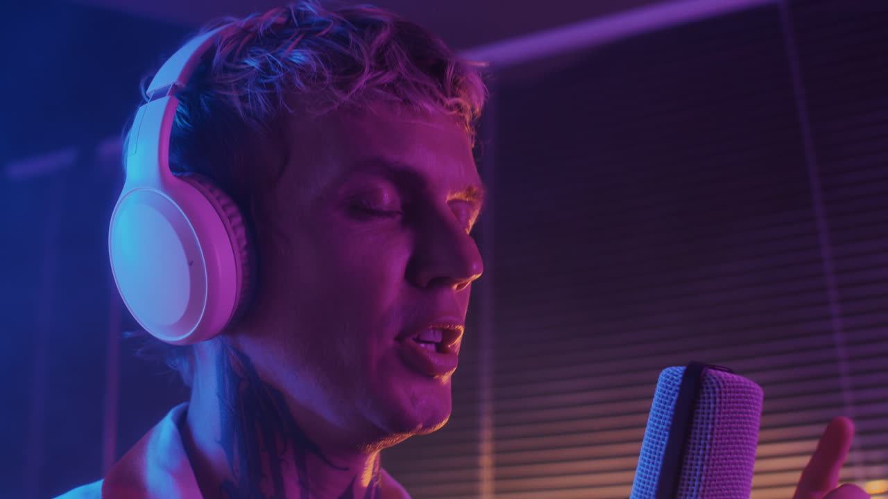 Singer Performing Song in Neon Nightclub