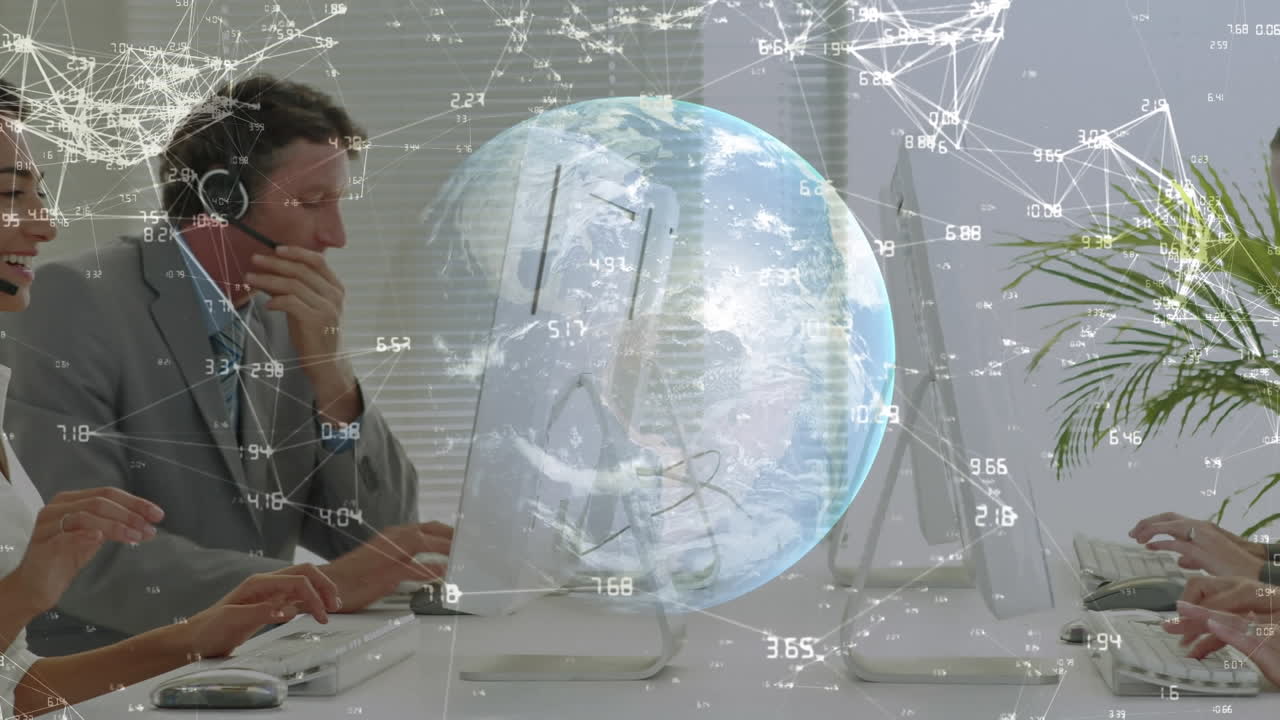 animación de la red de conexiones y el mundo sobre la gente de negocios usando auriculares de teléfono