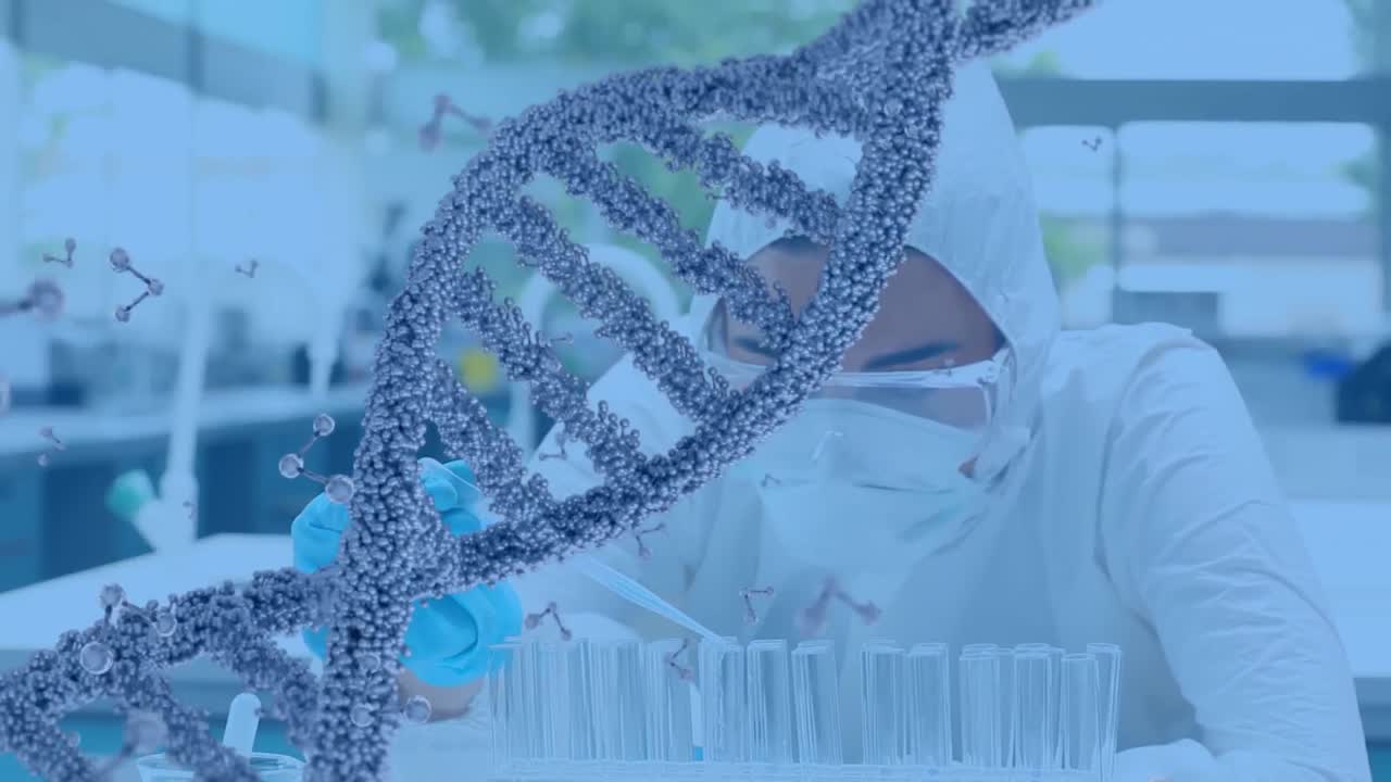 científico en el laboratorio y la doble hélice de adn