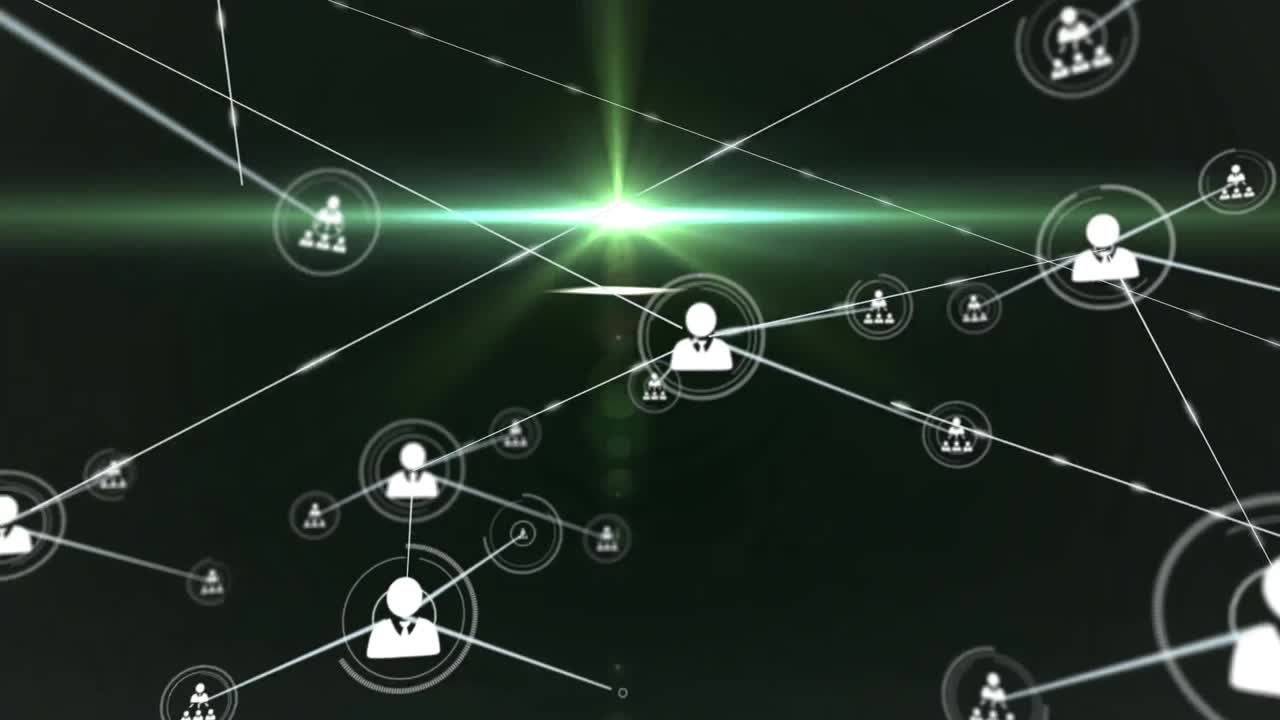 Animation of network of connections with icons over dark background