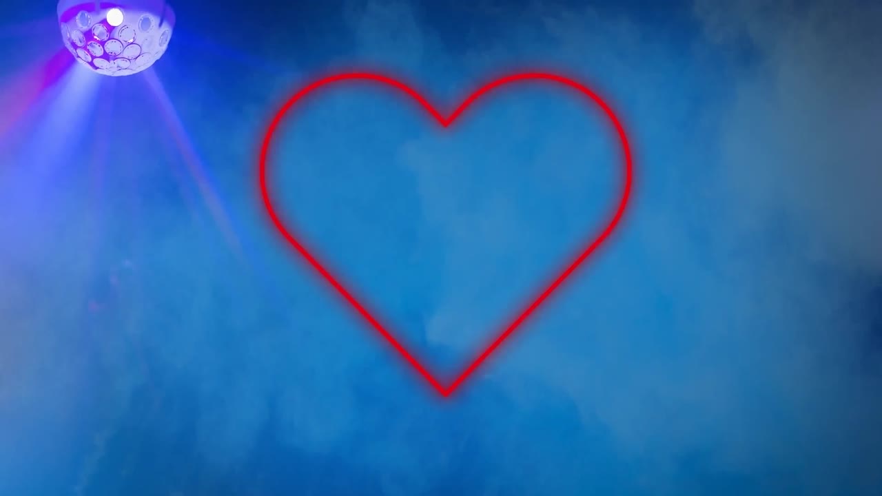 animación de un icono de corazón de neón parpadeante y una pelota de discoteca en un fondo de nubes azules
