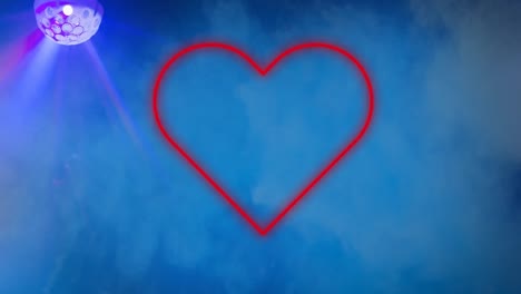 Animation-Eines-Flackernden-Neon-Herzsymbols-Und-Einer-Discokugel-Auf-Blauem-Wolkenhintergrund