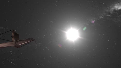 telescopio espacial james webb jwst orbitando el sol con destellos y tomando fotos del universo primitivo - animación 3d cgi 4k