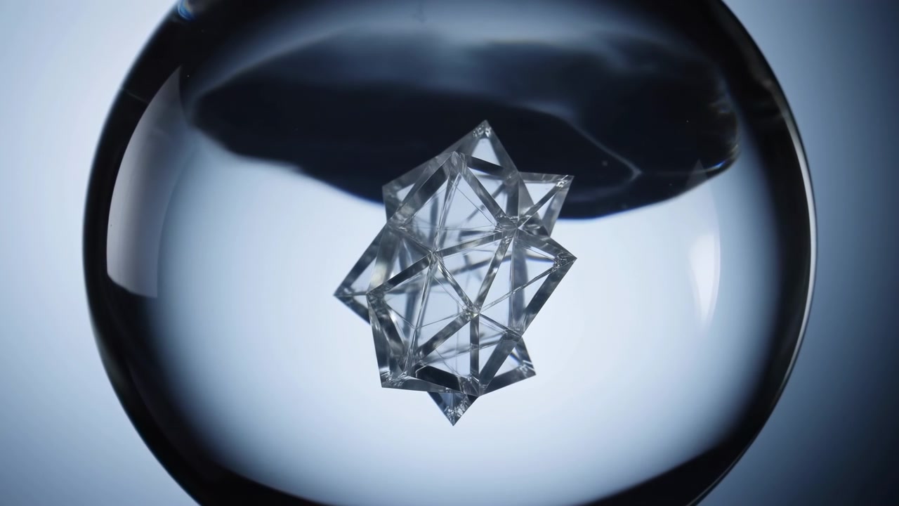 Early sequence abstract scene showing a clear glass sphere with a faceted crystal shape suspended in the center against a soft blue-gray background and a dark