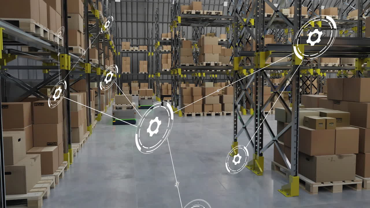 animación de la red de conexiones con iconos sobre robots que trabajan en el almacén