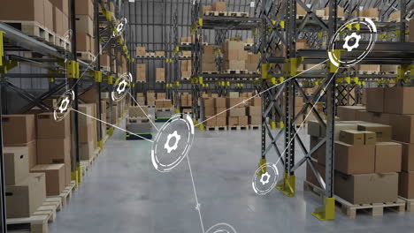 animación de la red de conexiones con iconos sobre robots que trabajan en el almacén