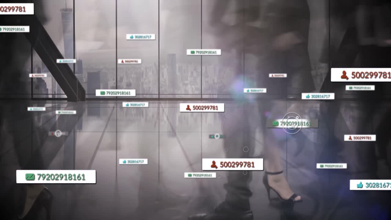 animación del procesamiento de datos de las redes sociales sobre el paisaje urbano