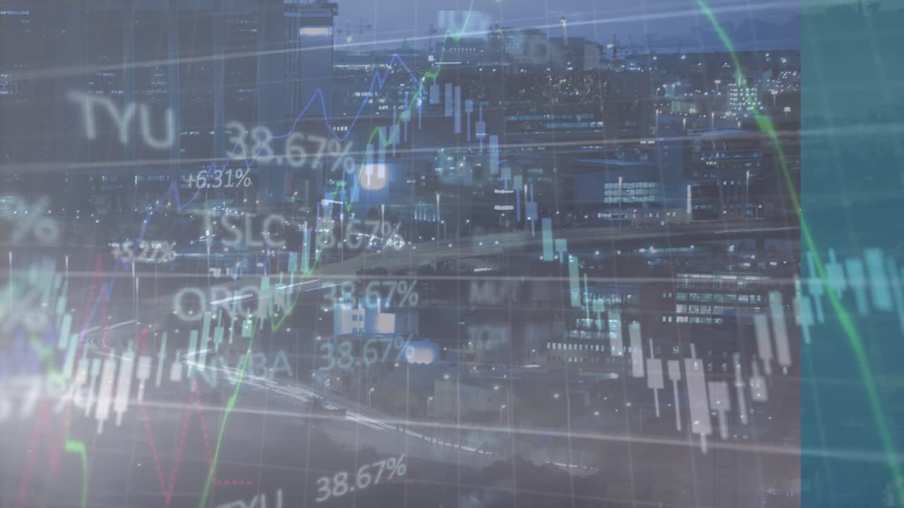 金融數據處理動畫，覆蓋城市景觀