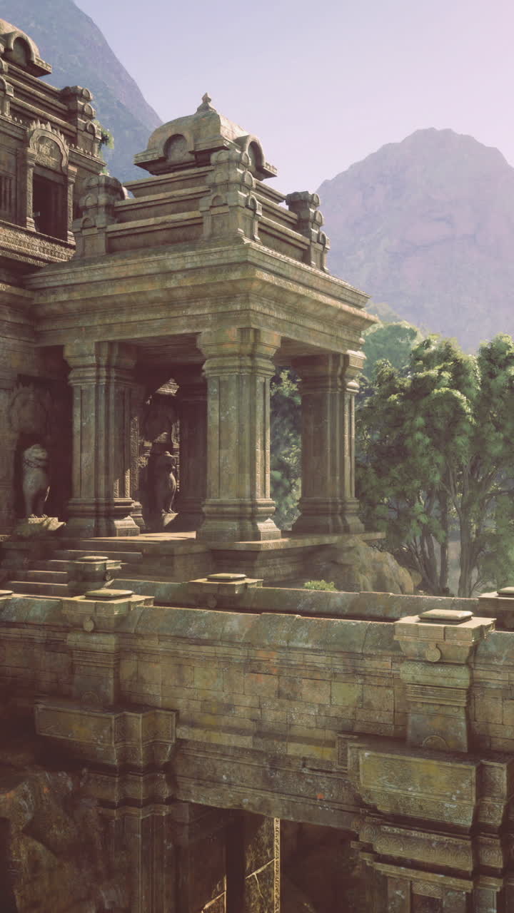 Ancient temple nestled in lush mountains with tranquil water feature