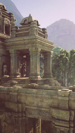 ancient temple nestled in lush mountains with tranquil water feature