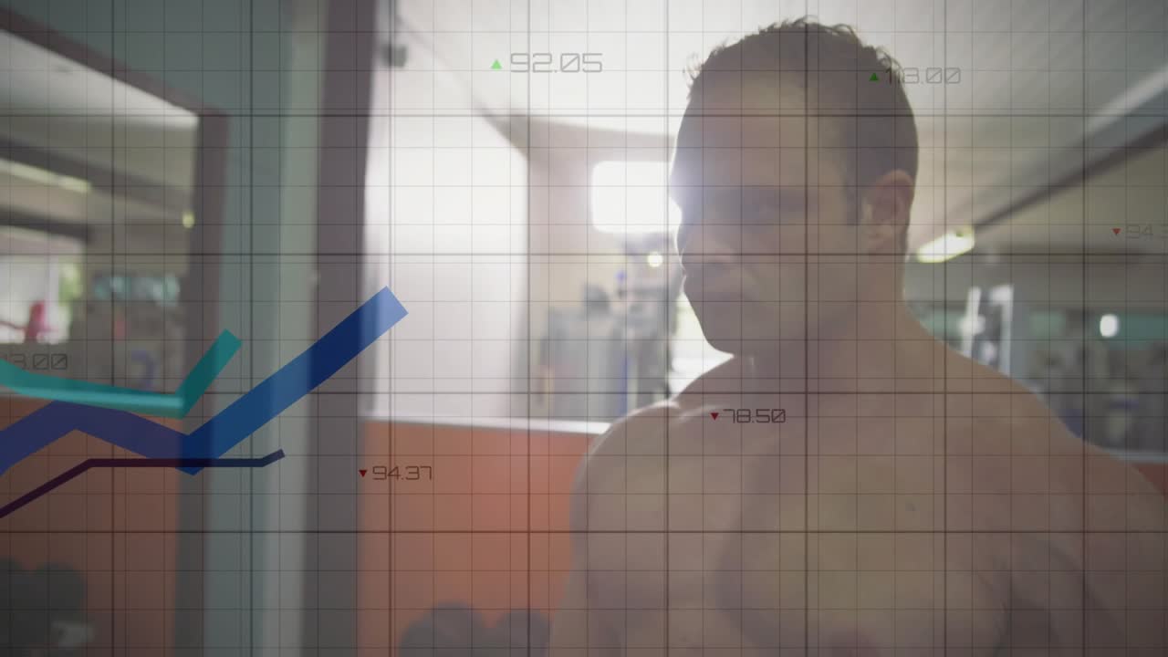 Gym-goer grabbing dumbbell and performing bent-over row with fitness graphs tracking strength gains