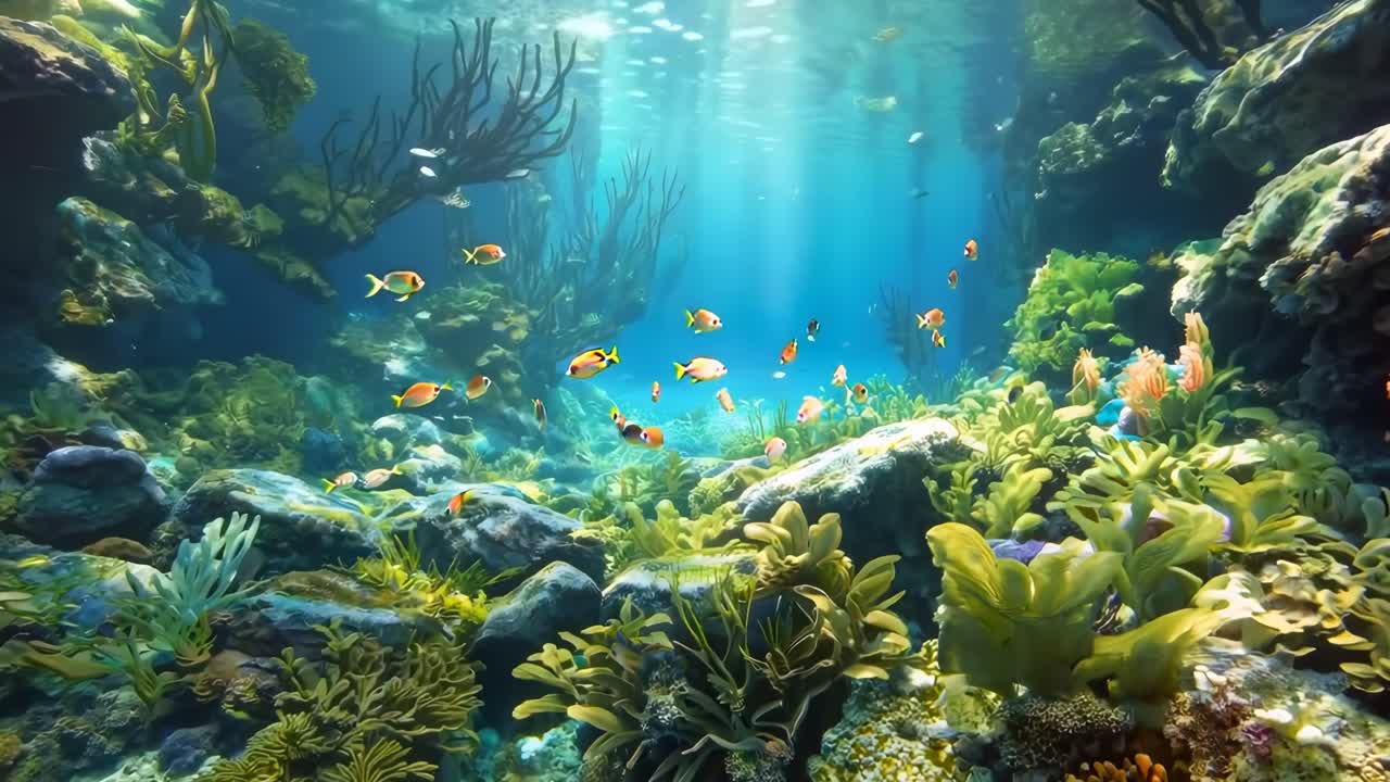 Underwater scene with vibrant fish and plants, captured from a low-angle