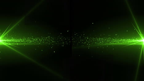 animation of glowing green particles of light moving to centre from left and right, on black