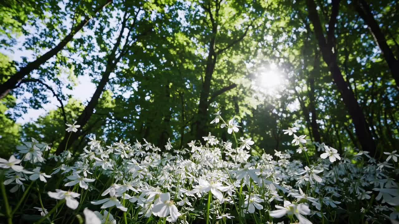 Low-angle video of sunlit forest with white flowers in the foreground, capturing the serene beauty