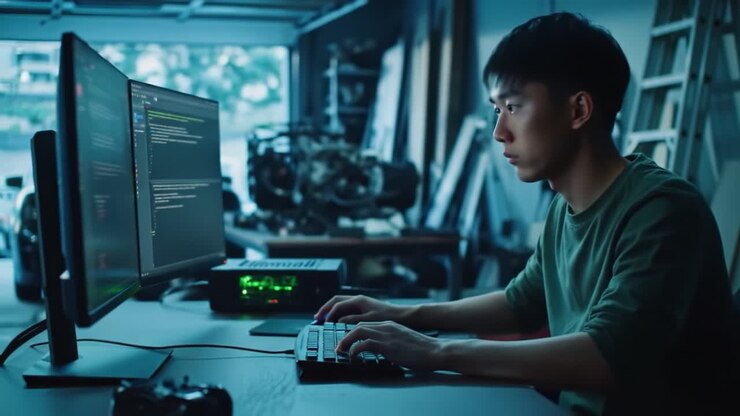 Focused Programmer in a Modern Workspace Engaged in Coding with Dual Monitors in a Well-Equipped Garage Environment