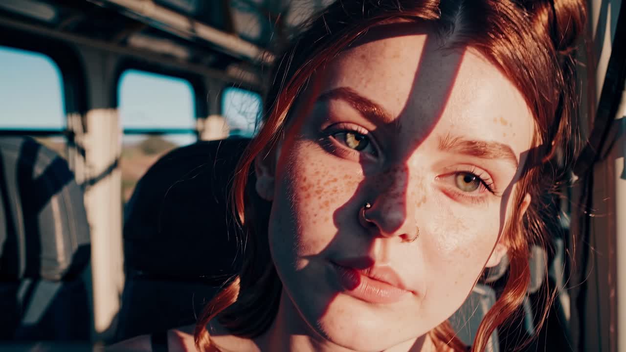 Sunlight streaming through a bus window highlights the face of a young woman with freckles and a nose piercing, creating a serene atmosphere perfect for travel and contemplation