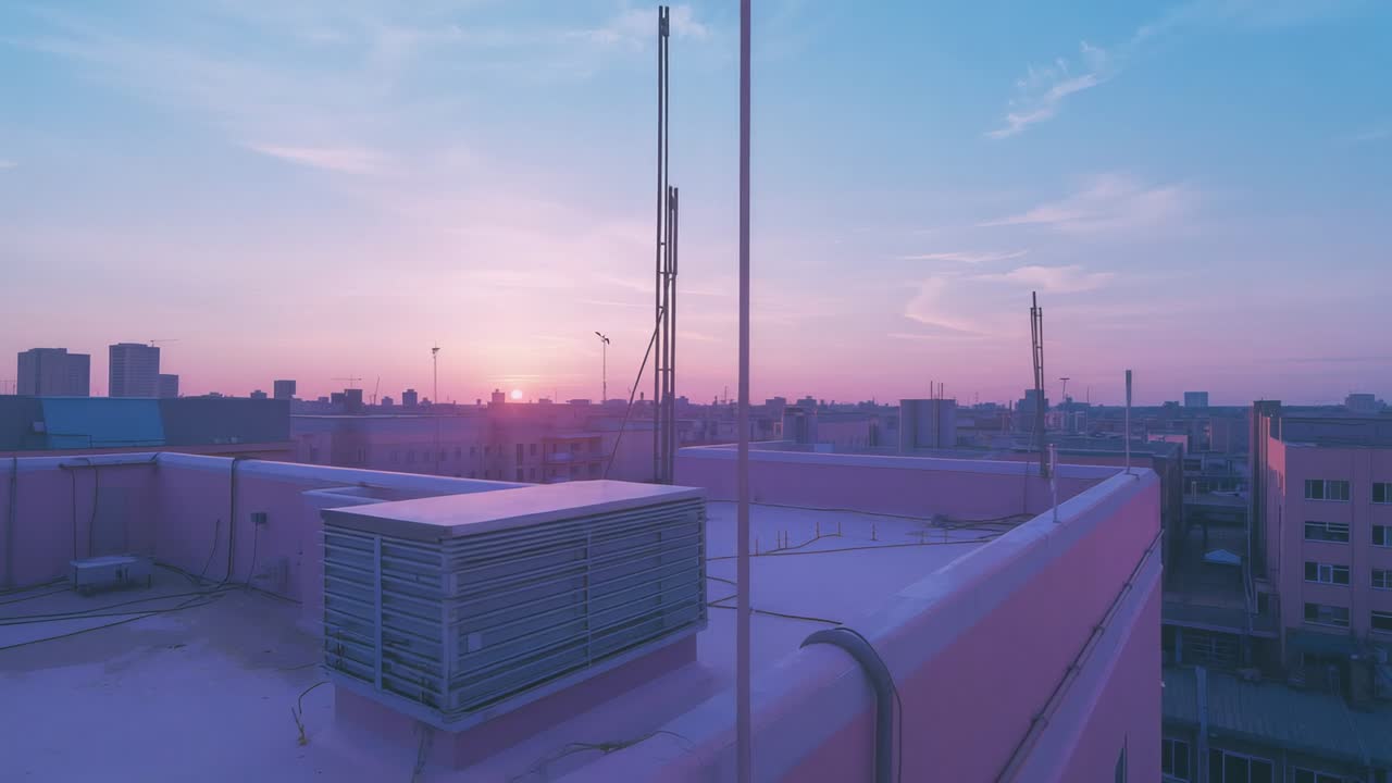 Sun dipping behind skyline initiating camera panning across rooftop, with rectangular HVAC unit