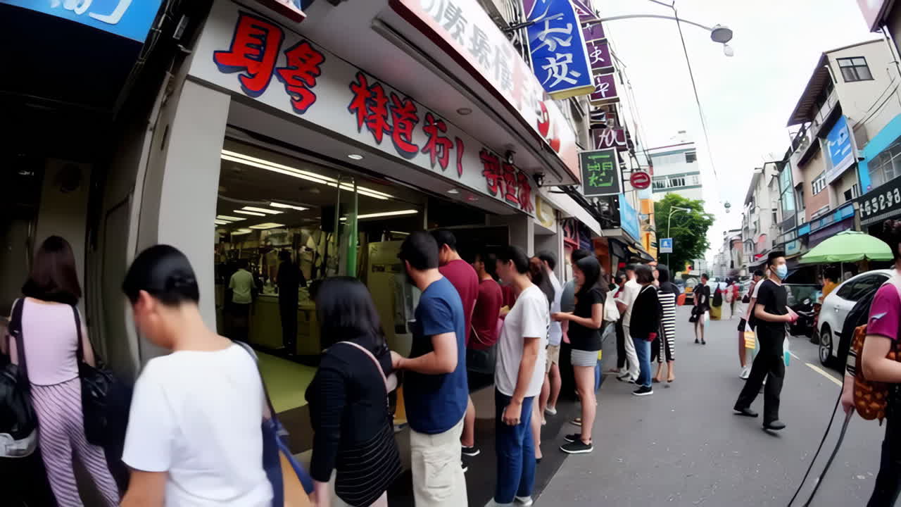People Queuing at Shops on a Busy Street in an Asian City