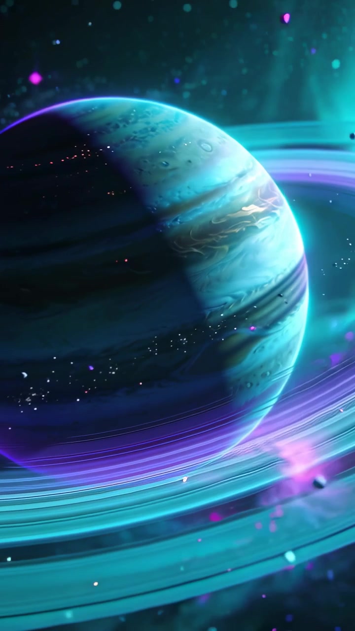Vertical video: Rotating ringed giant revealing bands as camera orbiting in space with rings, moons