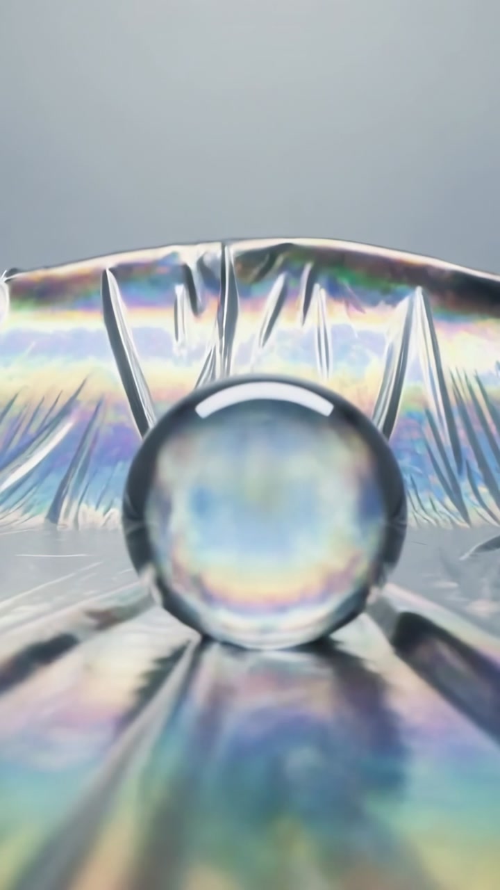 Vertical video: Camera pulling back glass orb refracting color in studio, revealing foil
