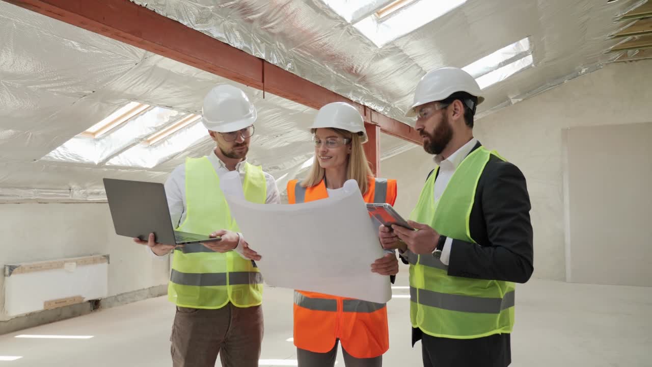 un grupo diverso de profesionales utiliza un ordenador portátil planos en el sitio de construcción. un proyecto de construcción de bienes raíces discute los detalles del plan con un ingeniero civil e inversor arquitectónico.