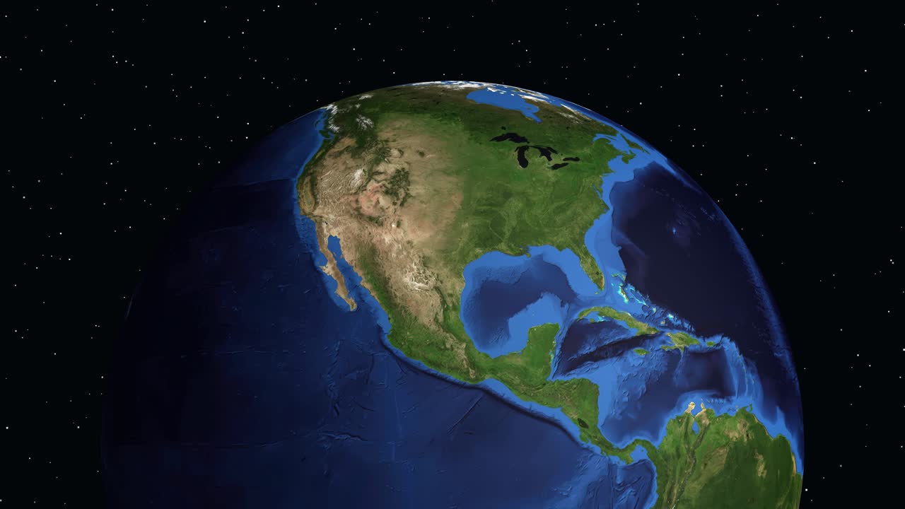 Terra digitale che ruota e zooma sul Nord America, evidenziando Santa Barbara con informazioni demografiche.