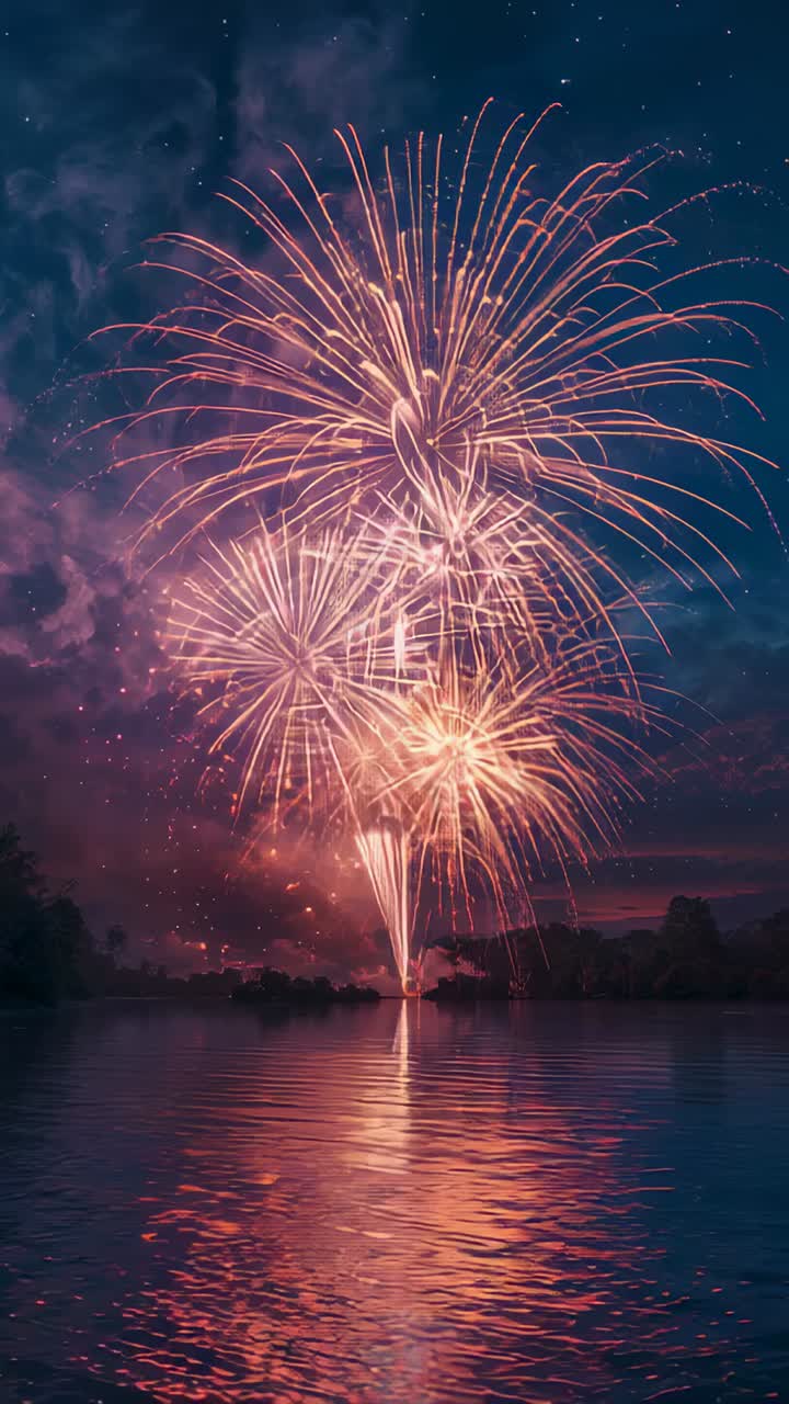 Vertical video: Igniting firework shells ascending over lake, creating spark arcs for celebration