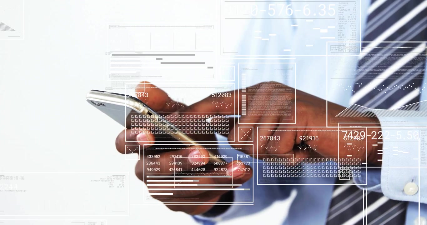 Business professional tapping smartphone and scrolling pulsing data grids for financial analysis
