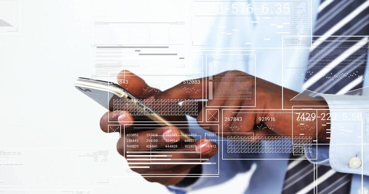 Business professional tapping smartphone and scrolling pulsing data grids for financial analysis