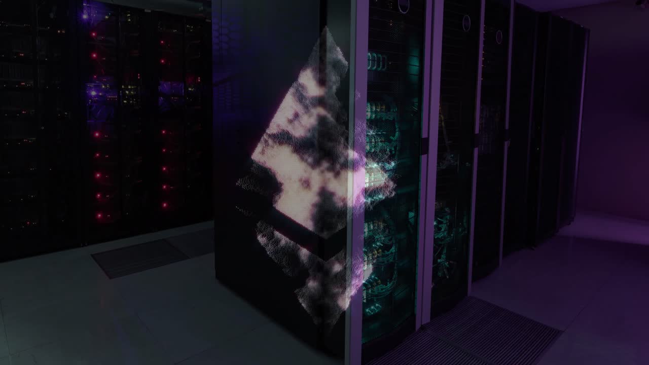 Animation of ethereum symbol over server room