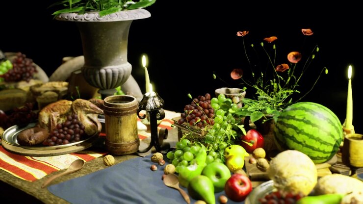 Composizione decorativa di frutta e oggetti in ottone con tessuto testurizzato