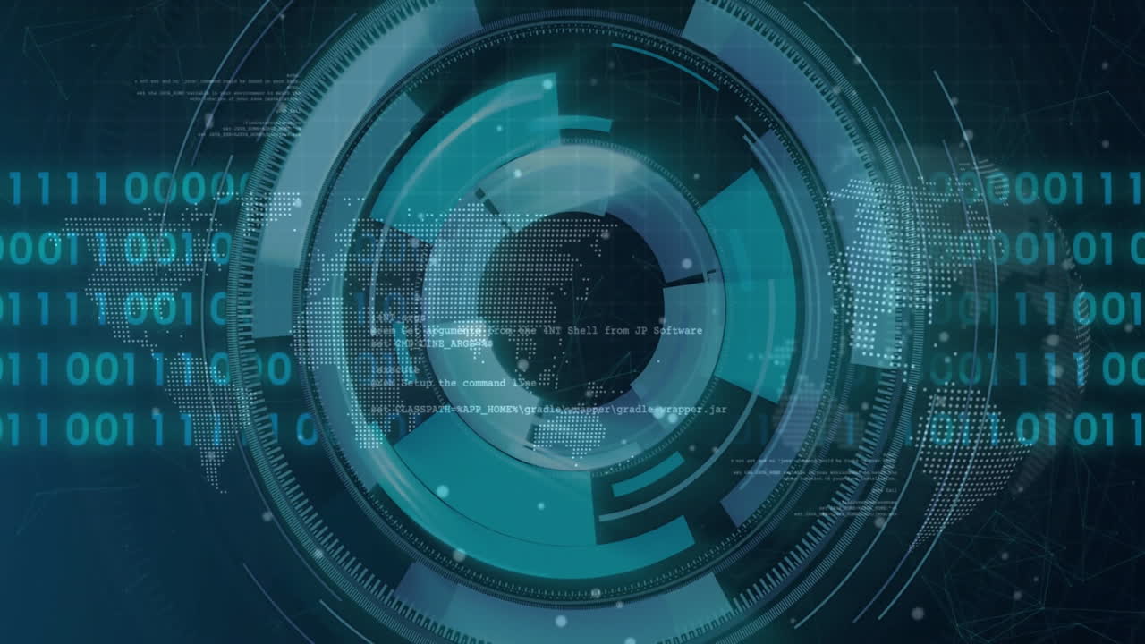 Digital interface with rotating elements and binary code animation over world map