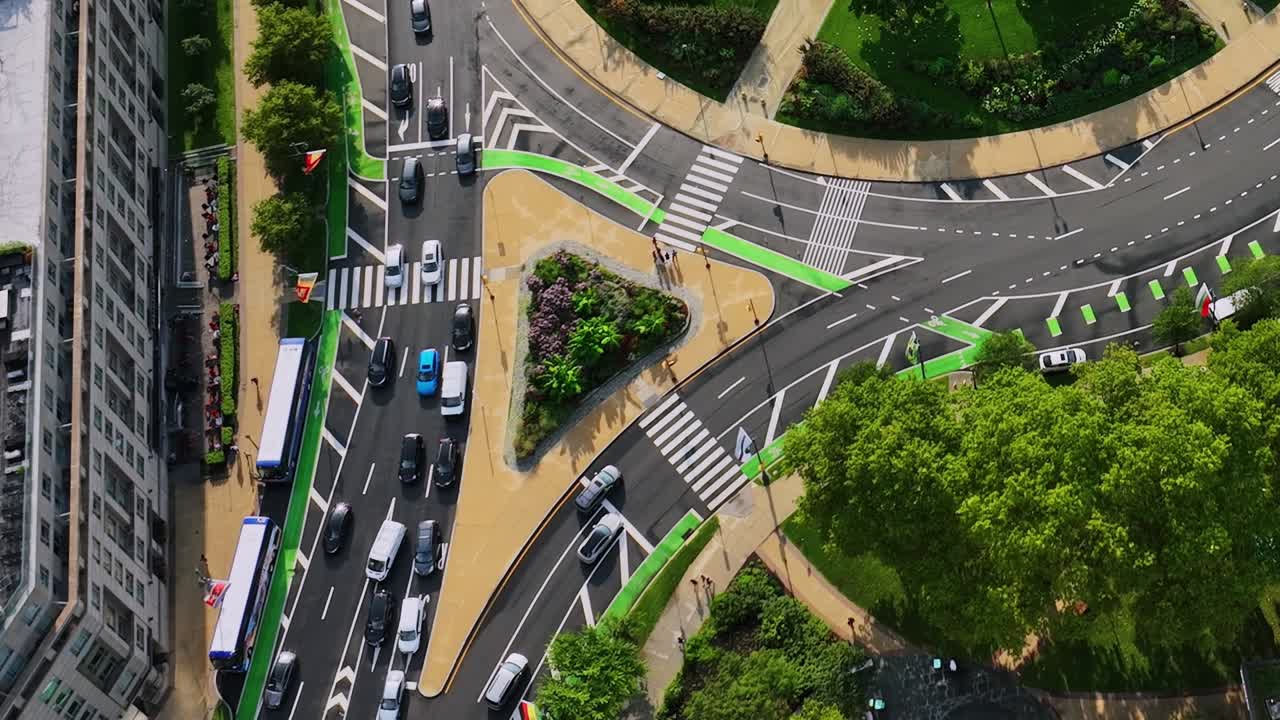 Vibrant traffic scene in Philadelphia captured from above by drone