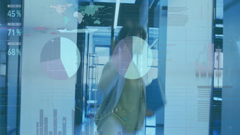 animación de procesamiento de datos financieros sobre feliz mujer de negocios asiática en la oficina