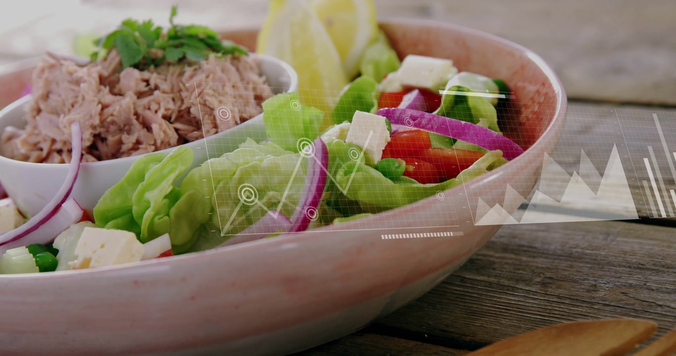 Camera shifting, zooming salad bowl on wood table, overlays forming bars, nodes for food insights