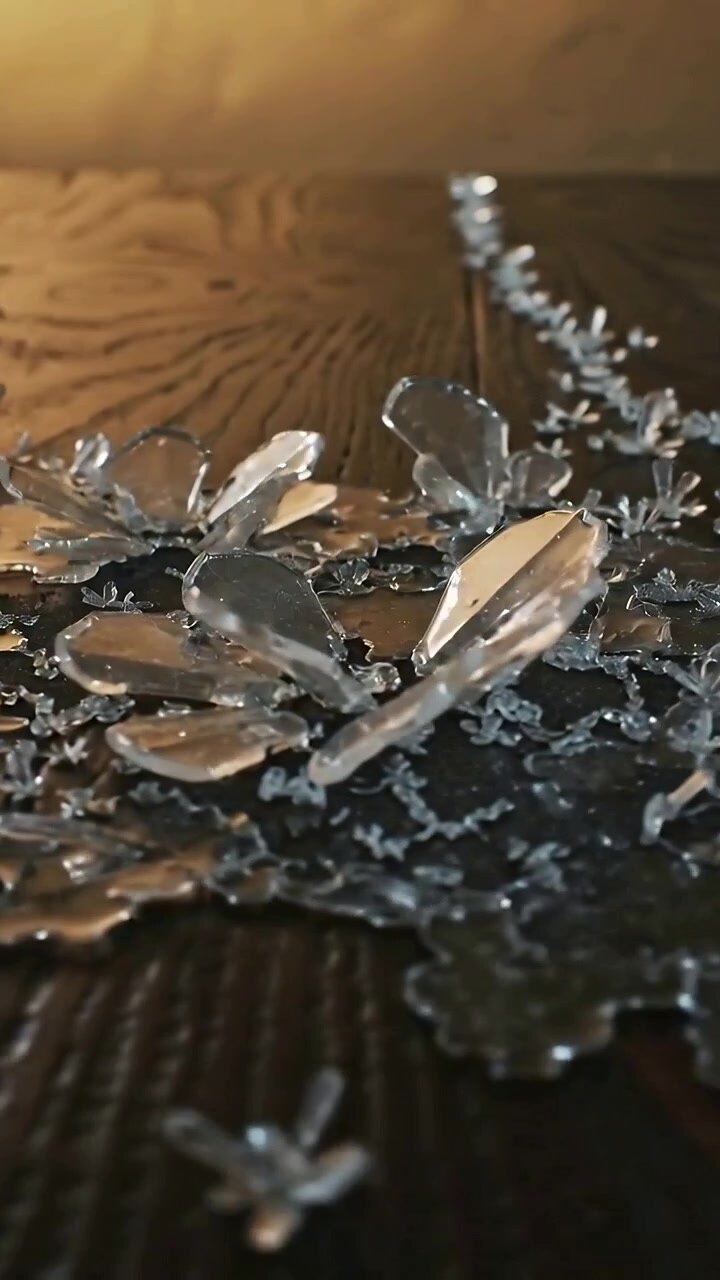 Vertical video: Moving camera tracking glass shards cluster along dark wood table showing detail