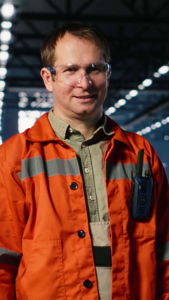 Vertical Video Portrait of industry worker on factory floor surrounded by machinery