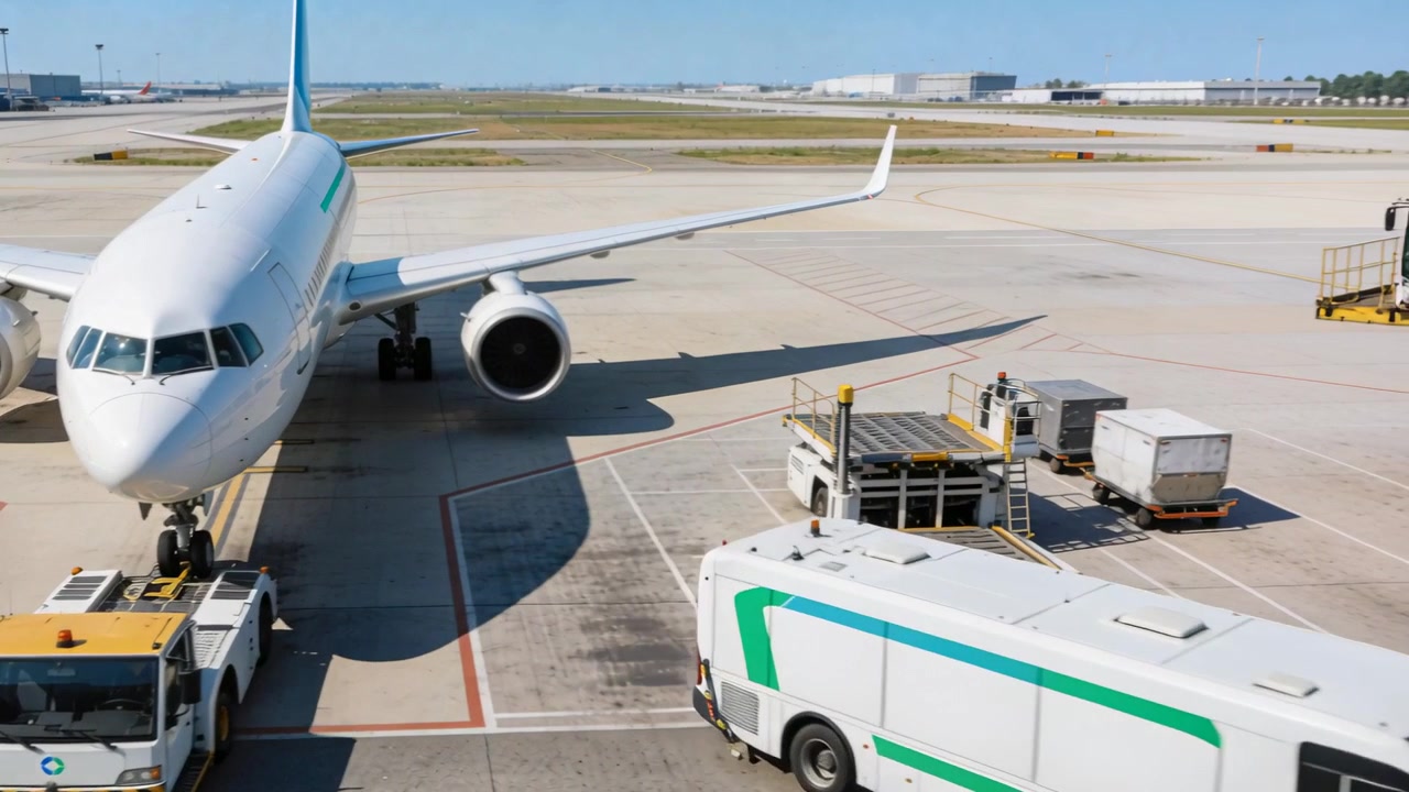 Apronda çekiciye bağlı duran dar gövdeli jet uçağı, servis otobüsü bakım için uzaklaşıyor.