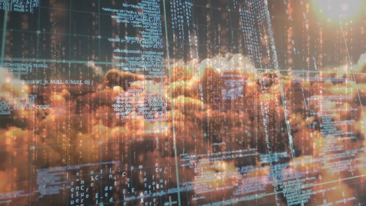 datos que se mueven hacia abajo en la interfaz con efectos de luces y nubes en el fondo