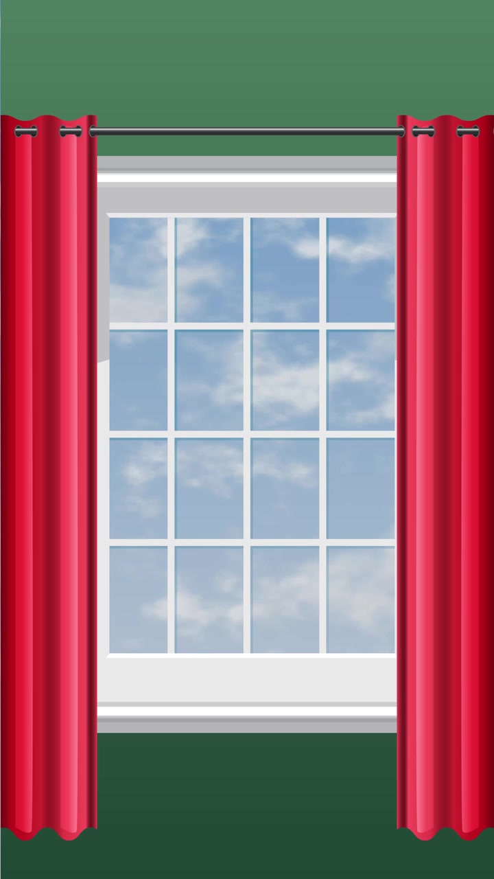 Graphic animation of a window grid with red curtains showing drifting clouds outside.