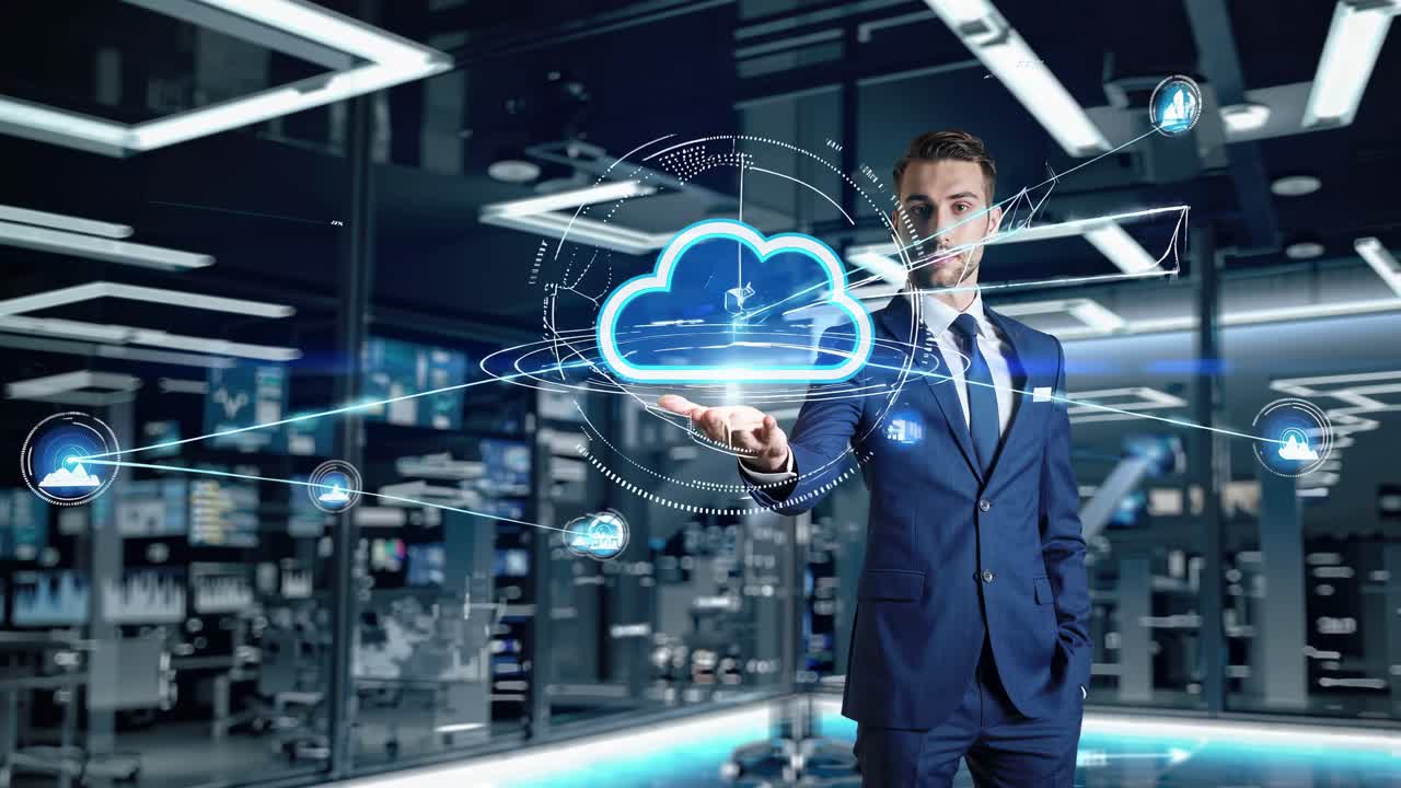 Businessman presenting cloud computing technology in a modern office.