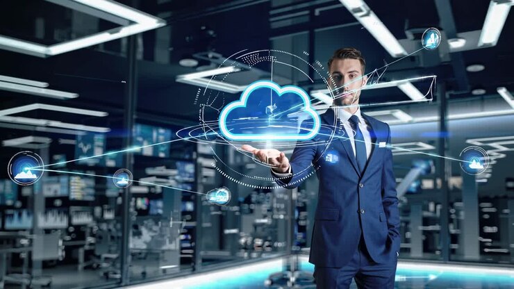 Businessman presenting cloud computing technology in a modern office.