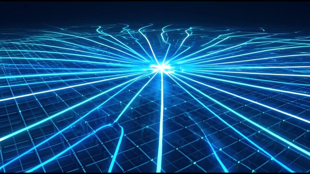 Blue Glowing Lines Radiating from a Central Point on a Digital Grid