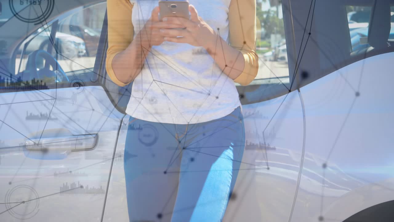 Woman tapping smartphone in parking lot reading message and causing tech network overlay smiling