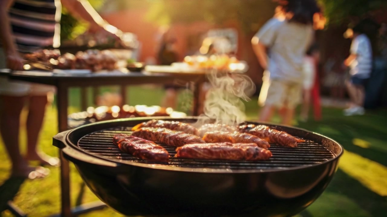 Salsicce e carne alla griglia su un barbecue a una festa all'aperto soleggiata