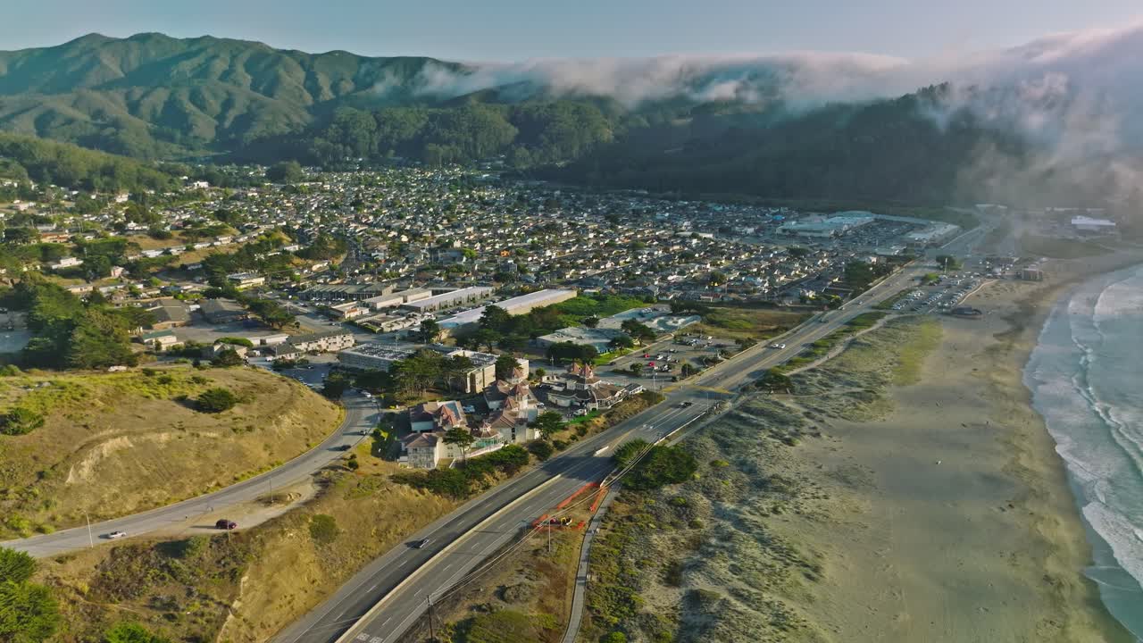 Drone Fly over Cabrillo Highway, CA. Aerial view of McNee Ranch State Park